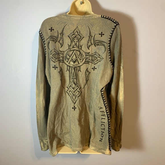 Affliction v neck waffle thermal long sleeve tee XL grey black cross stitching - Picture 3 of 6